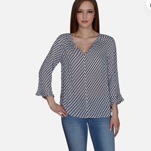 🤍 Velvet by Graham & Spencer Selda Jaipur Print Top • White & Navy • Large